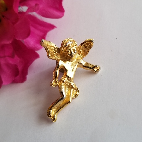 Relisted - Vintage angel brooch pin gold tone cherub on my shoulder religious - Picture 3 of 9